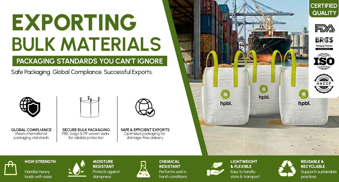 Bulk material export packaging with compliant bags for safe international shipping