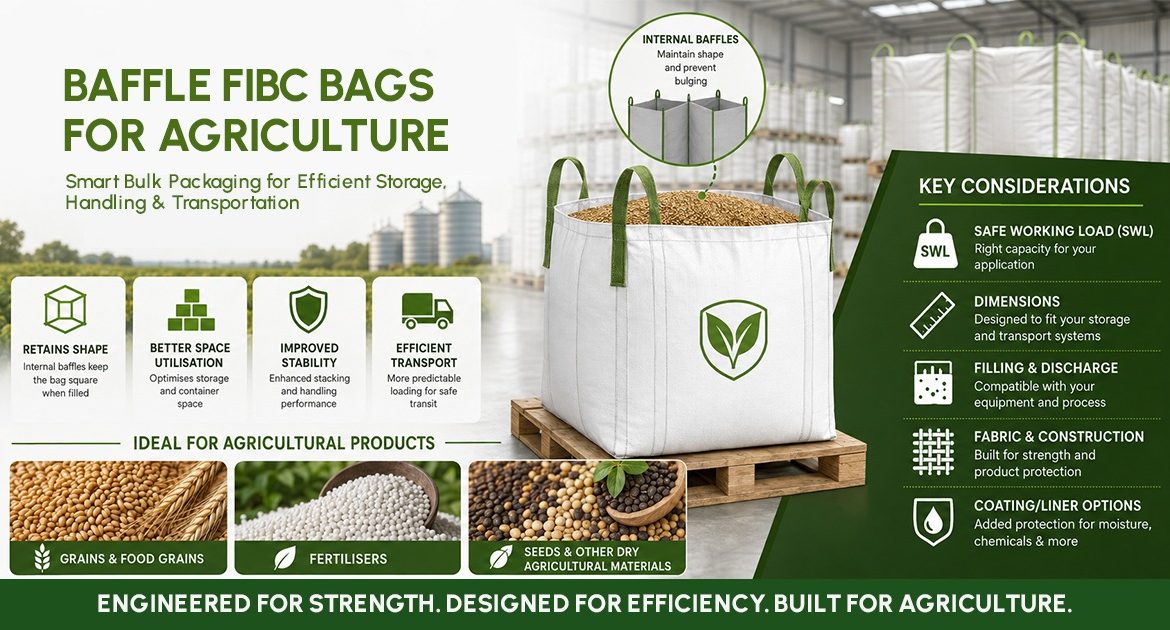 Baffle FIBC bags for agriculture bulk material handling